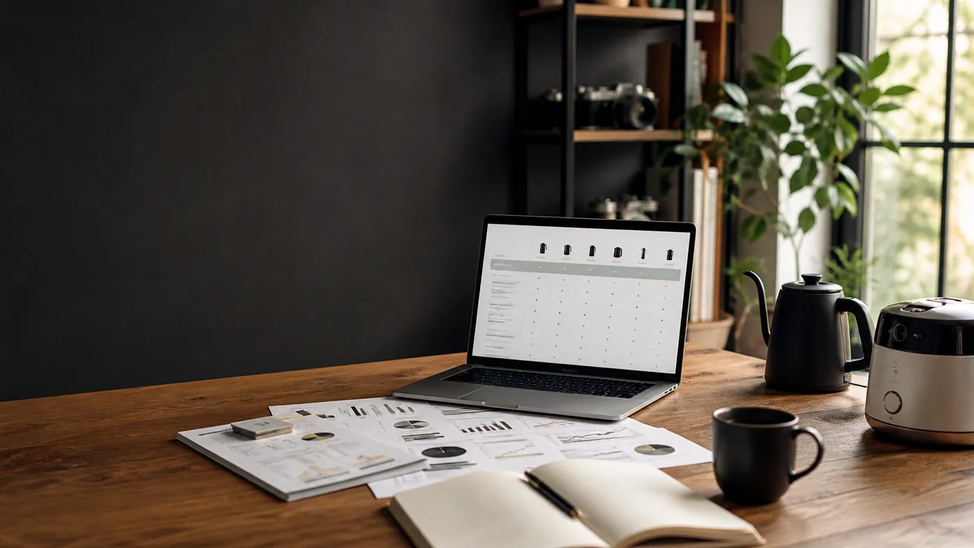 An organized product research desk with comparison notes and household appliances
