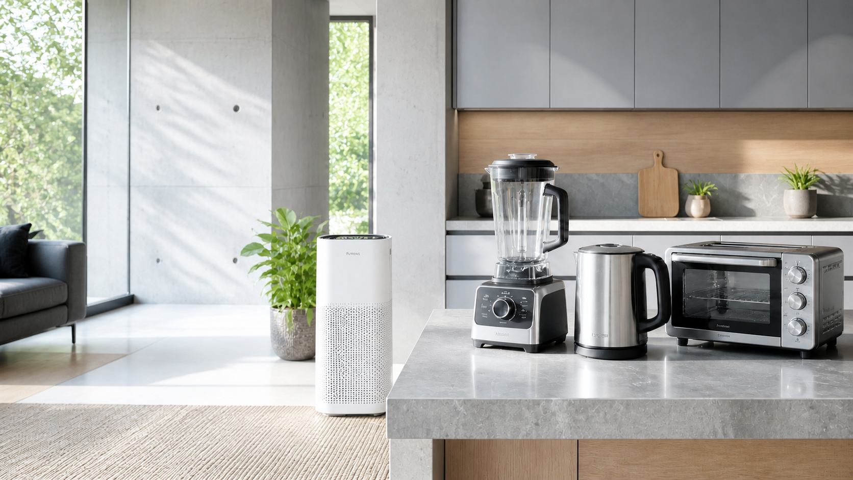 Blender, electric kettle, toaster oven, and air purifier in a modern home