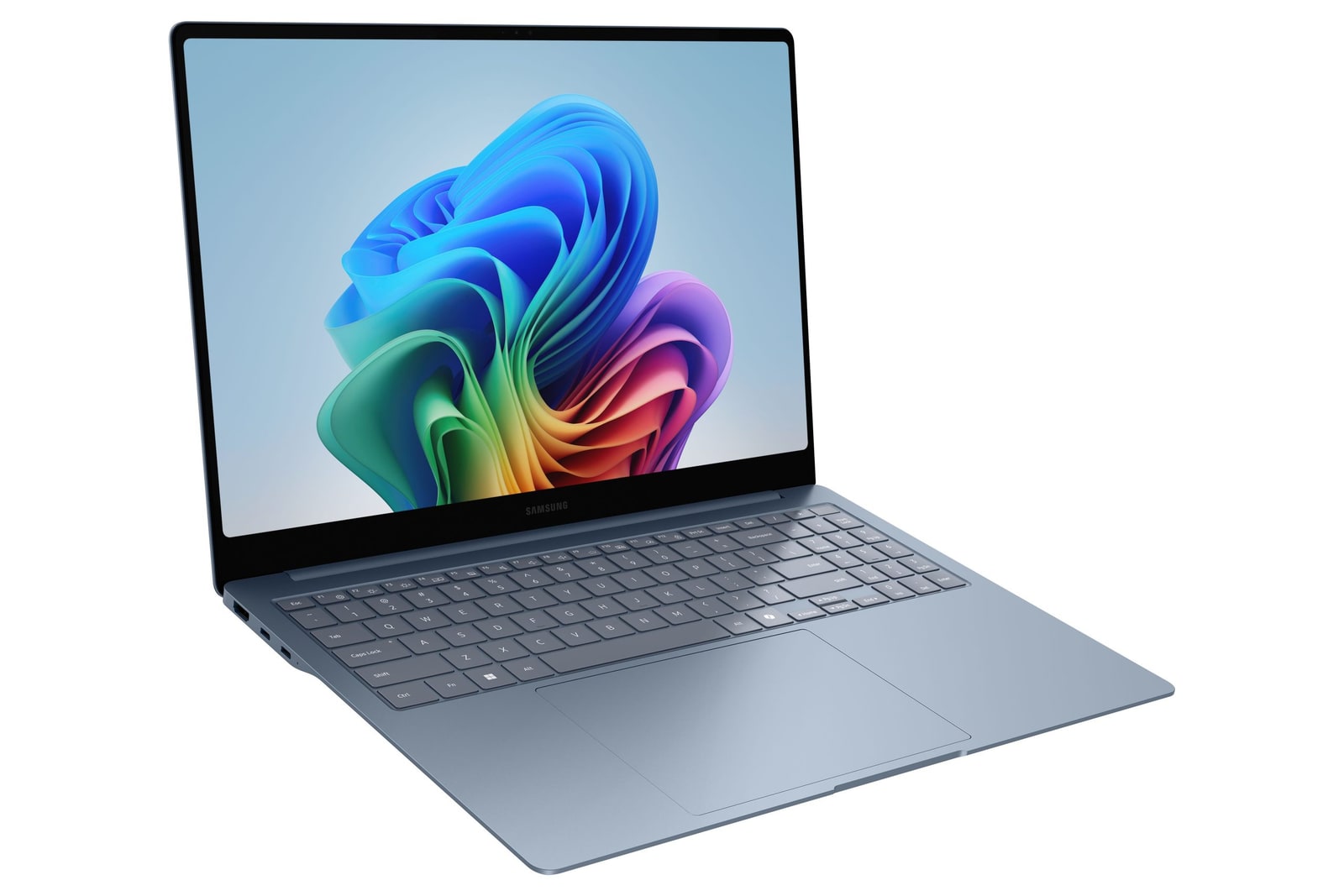 Gray Blue Samsung Galaxy Book6 Edge open to show its 16-inch screen and keyboard