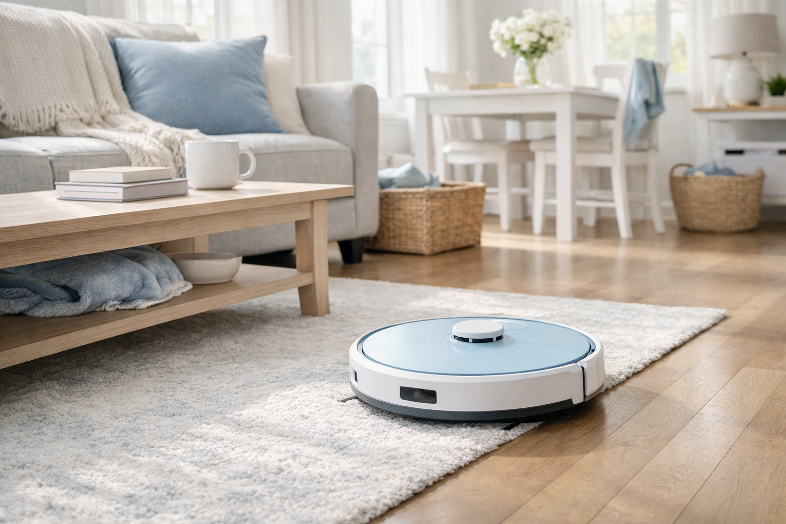A robot vacuum cleaning a lived-in living room with hard floors and a rug