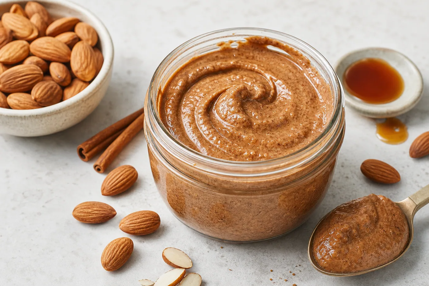 Cinnamon maple almond butter with roasted almonds and cinnamon