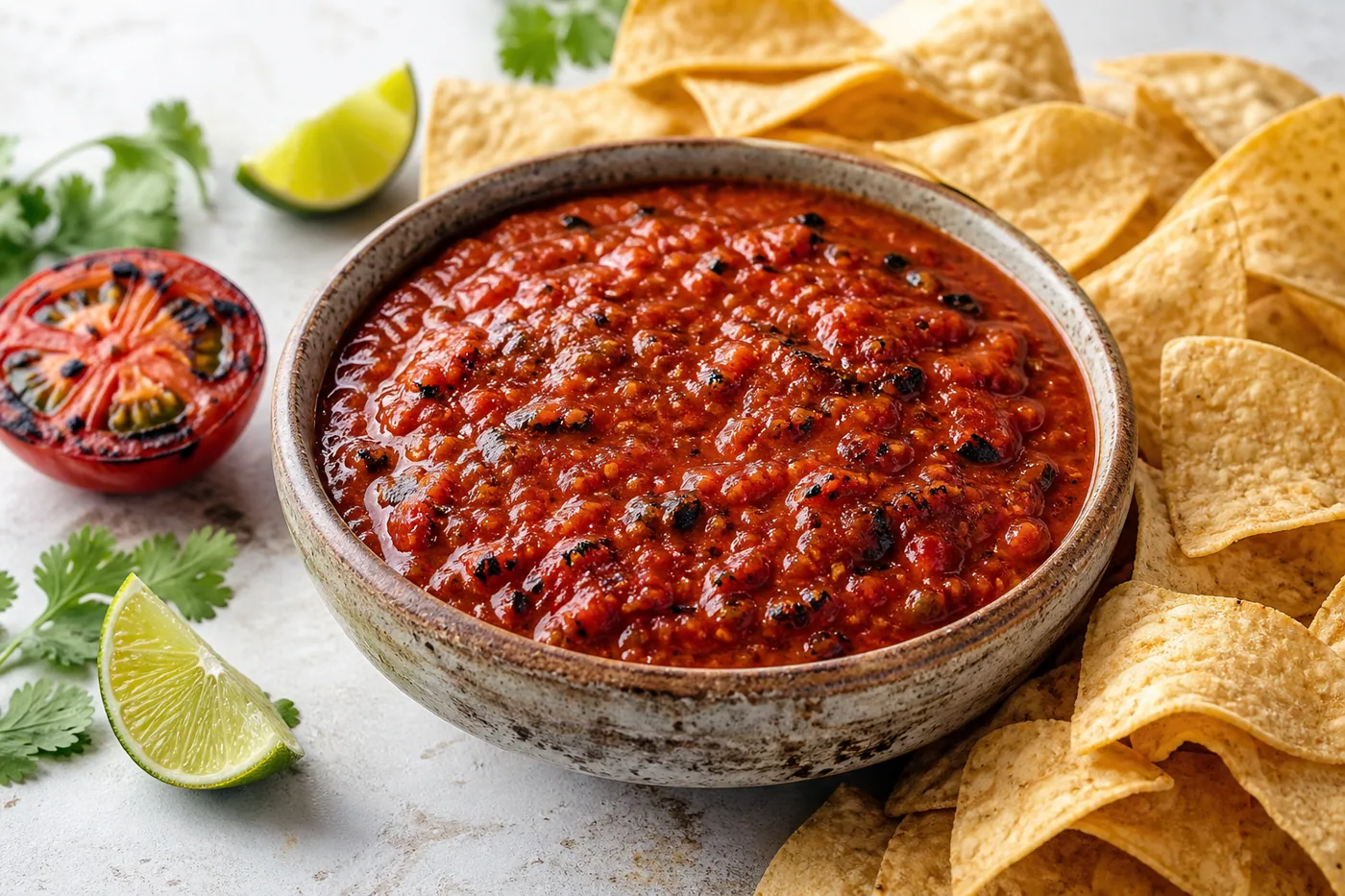 Fire-roasted salsa roja with charred tomatoes and tortilla chips