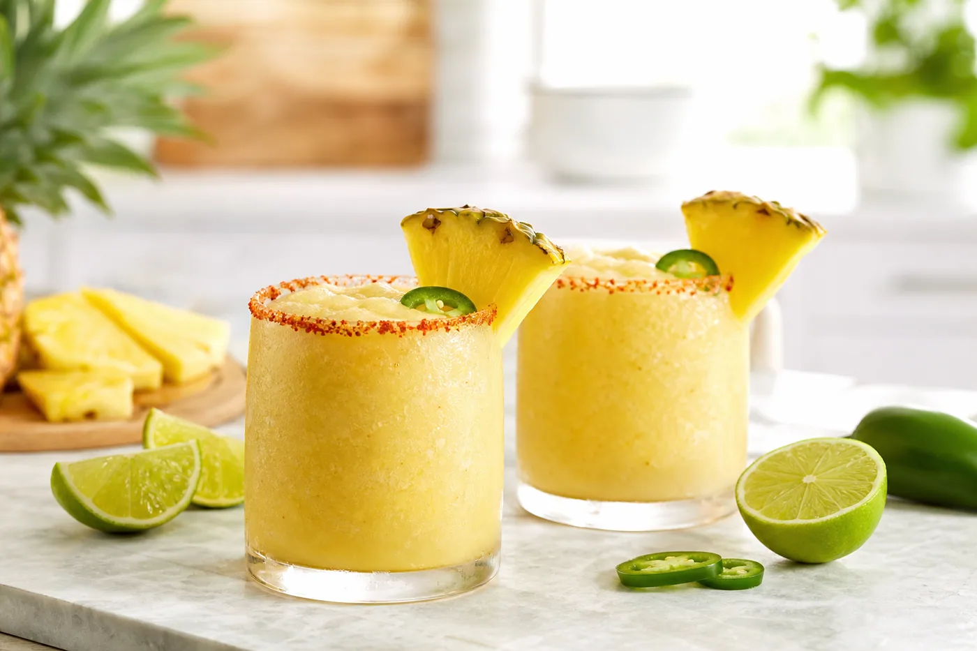 Frozen pineapple jalapeno margaritas with lime and fresh jalapeno