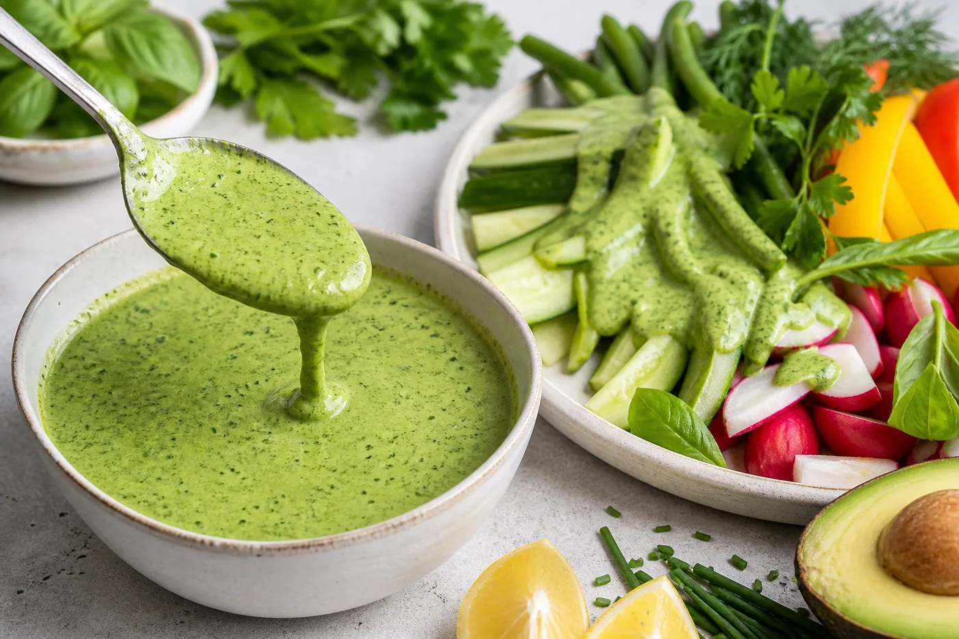 Green goddess dressing surrounded by fresh herbs