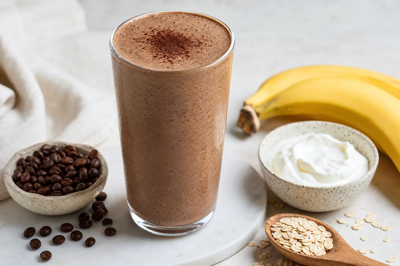 High-protein mocha breakfast smoothie with coffee and cocoa