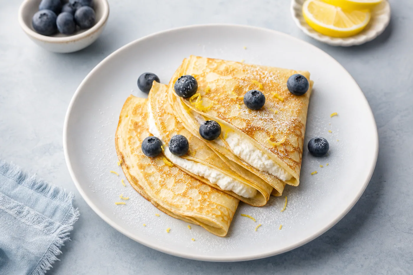 Lemon ricotta crepes with blueberries and lemon zest