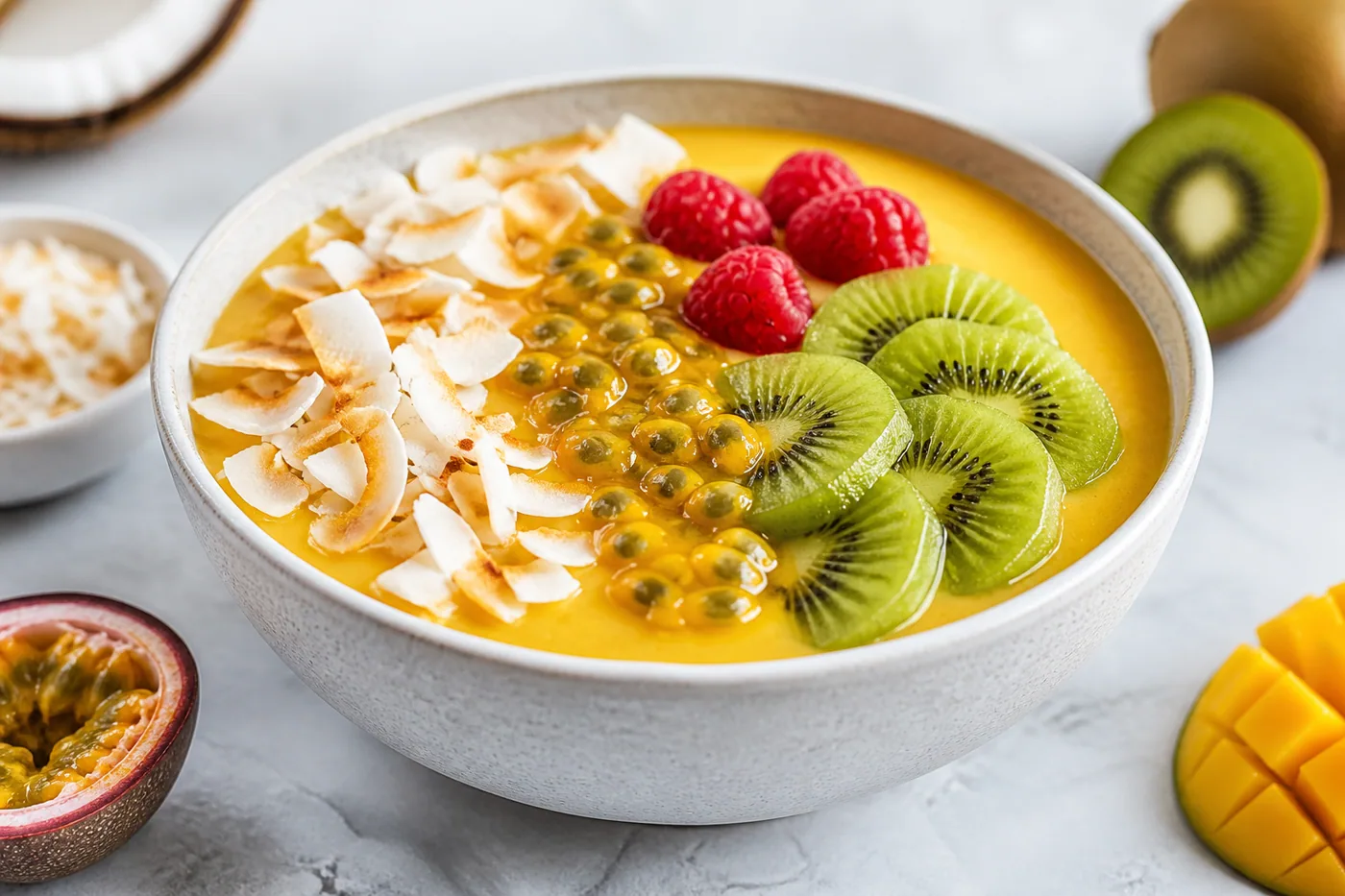 Tropical mango coconut smoothie bowl with fruit and toasted coconut