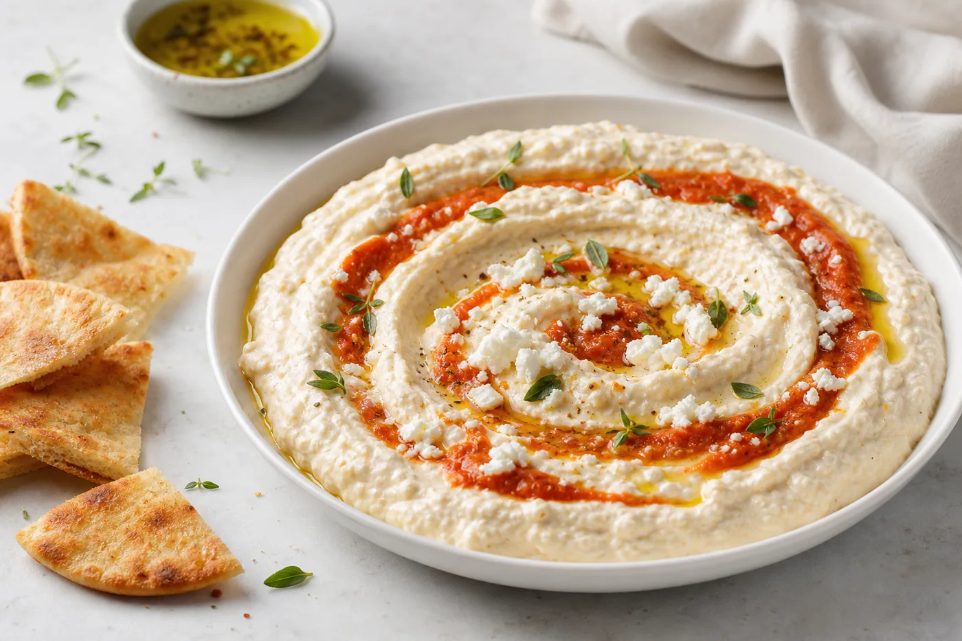 Whipped feta and roasted red pepper dip with pita and vegetables