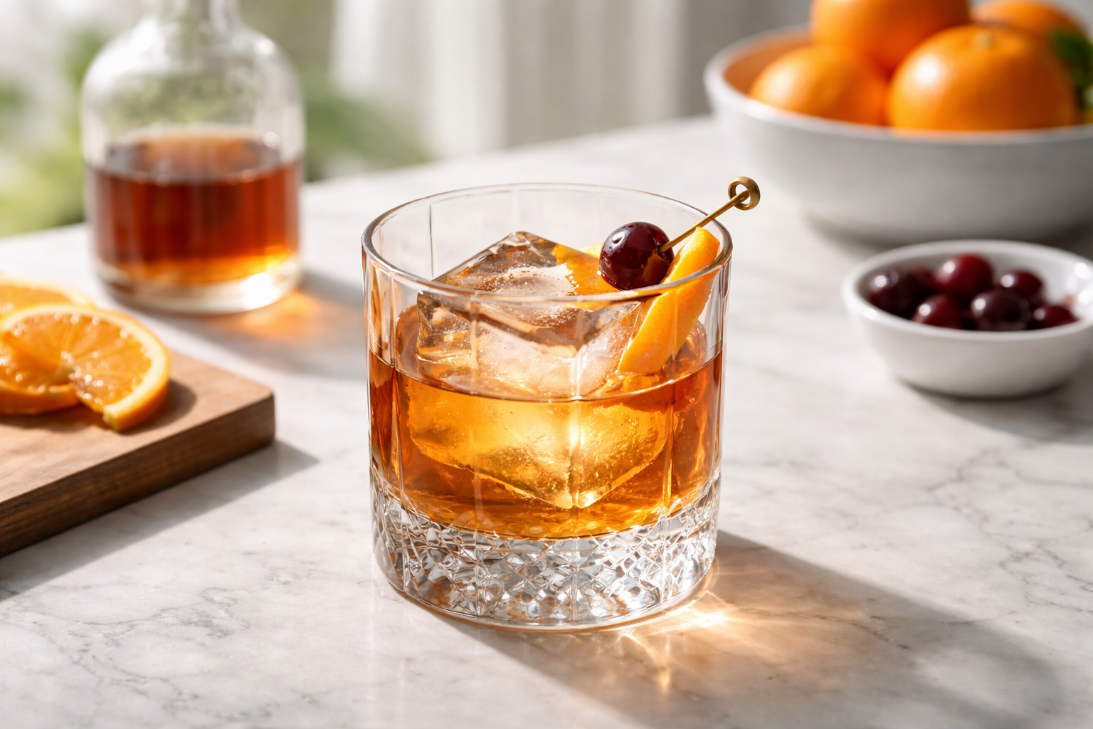 Clear Ice Old Fashioned prepared and ready to serve