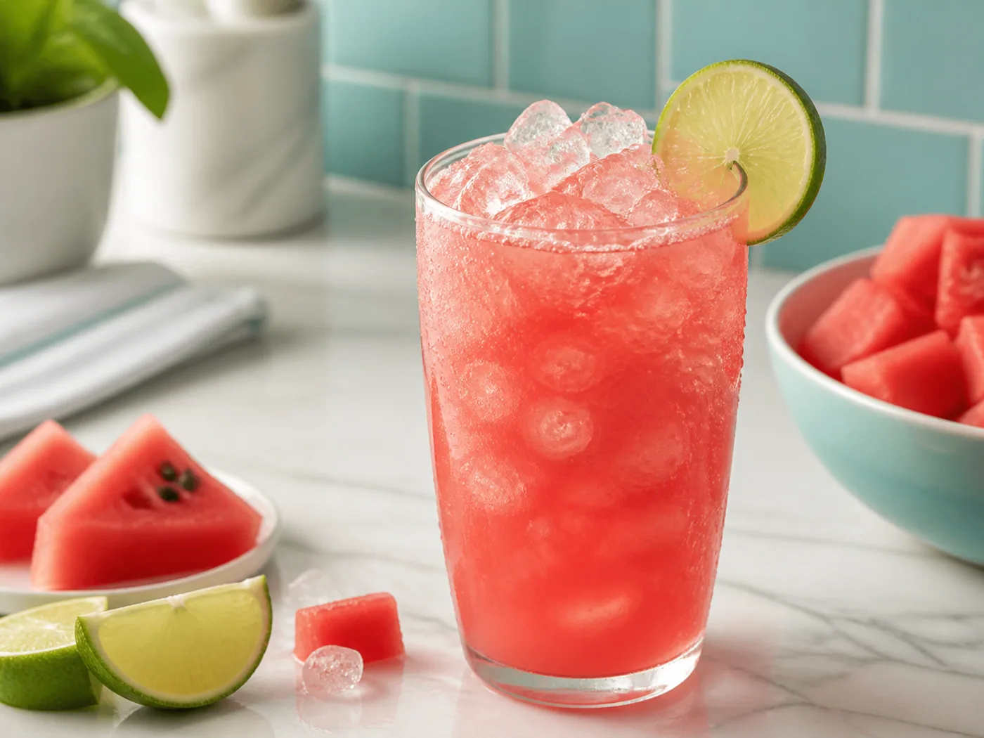 Watermelon Lime Cooler over Fresh Ice served and ready to eat