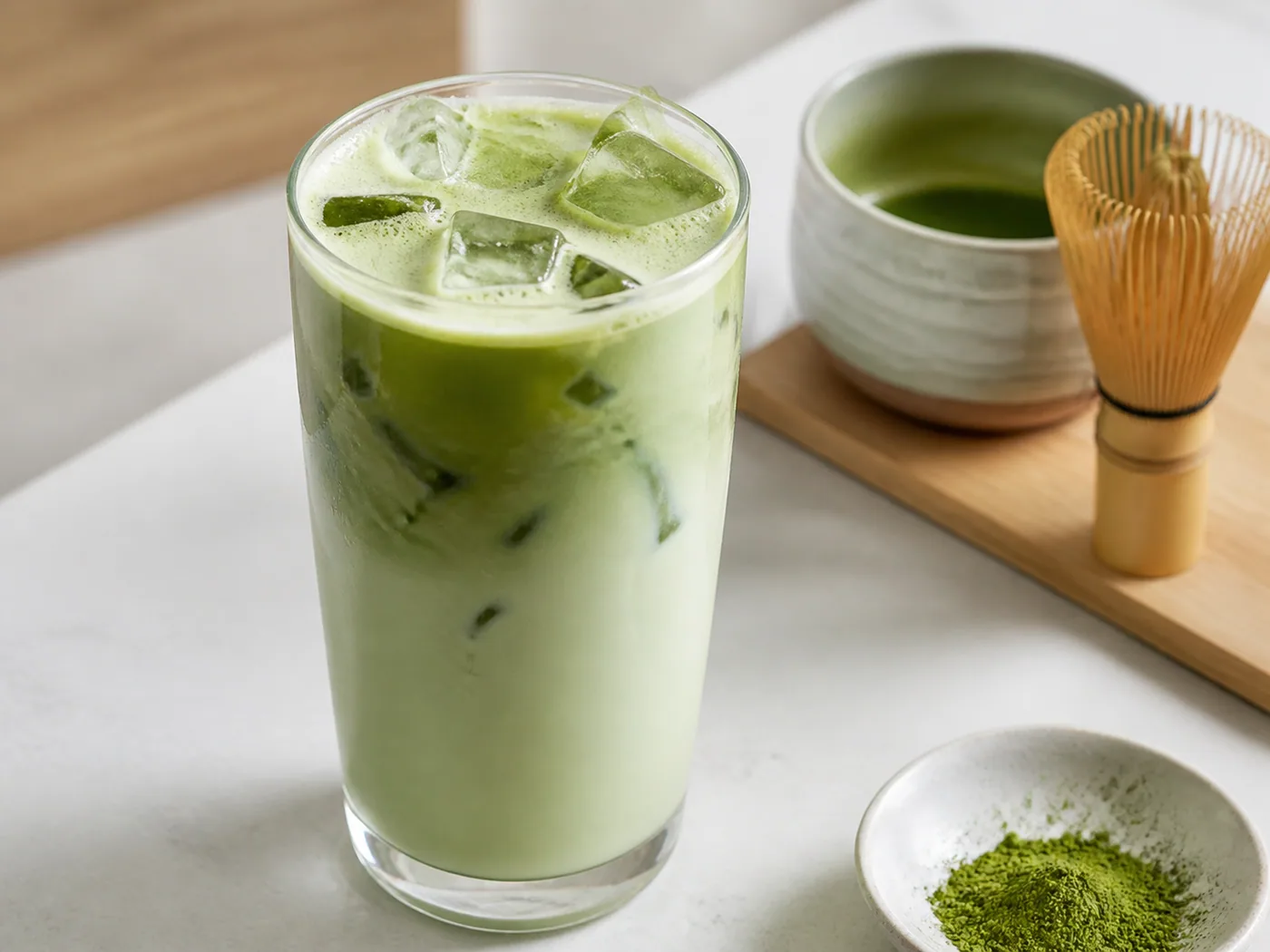 Iced Matcha Latte served and ready to eat