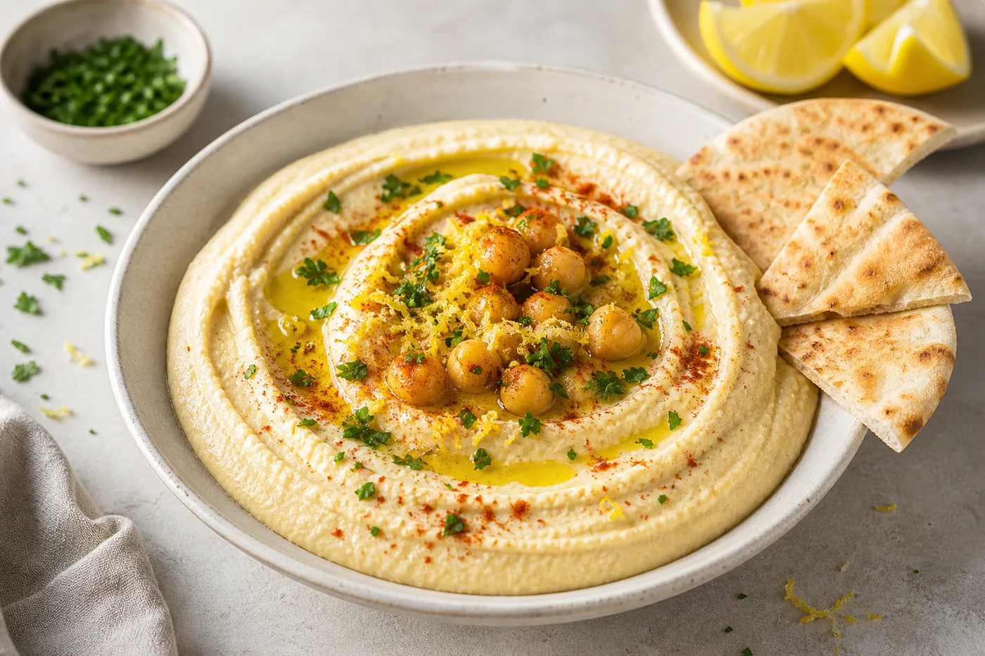 Extra-Smooth Lemon Hummus served and ready to eat