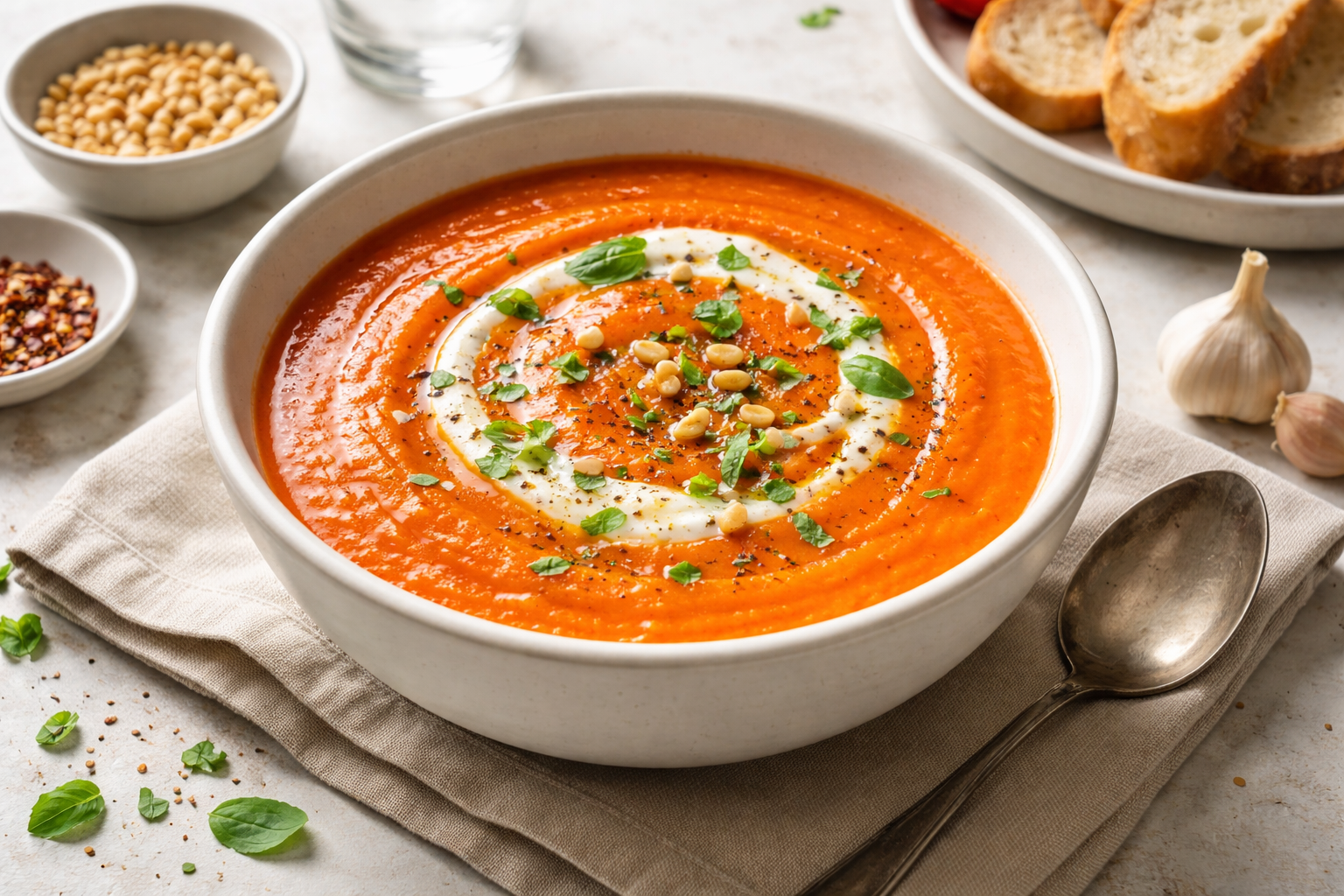 Silky Roasted Red Pepper Soup prepared and ready to serve