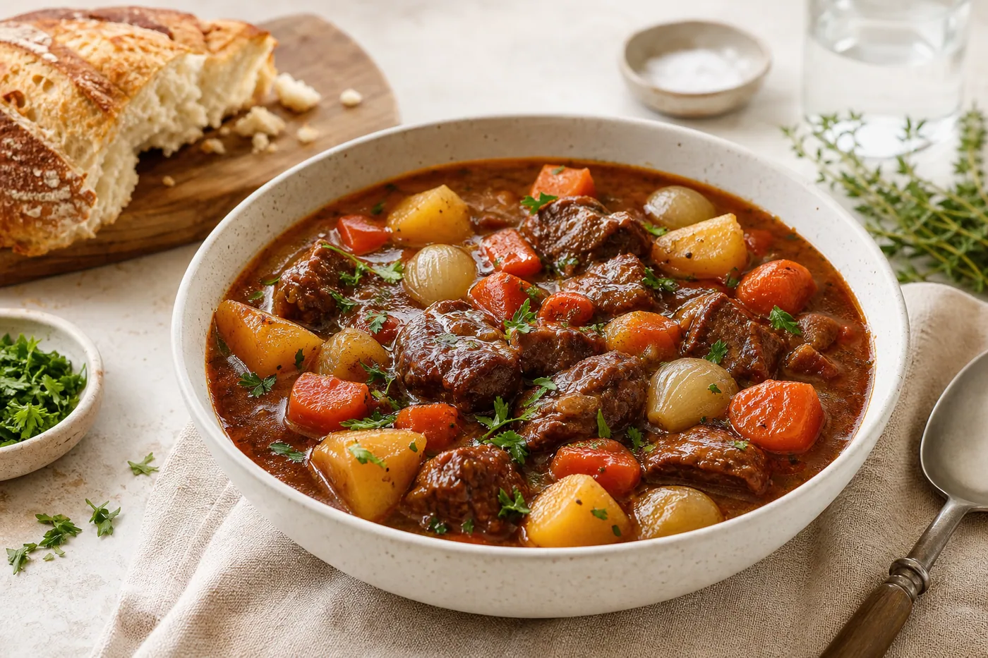 Classic Slow Cooker Beef and Vegetable Stew served and ready to eat