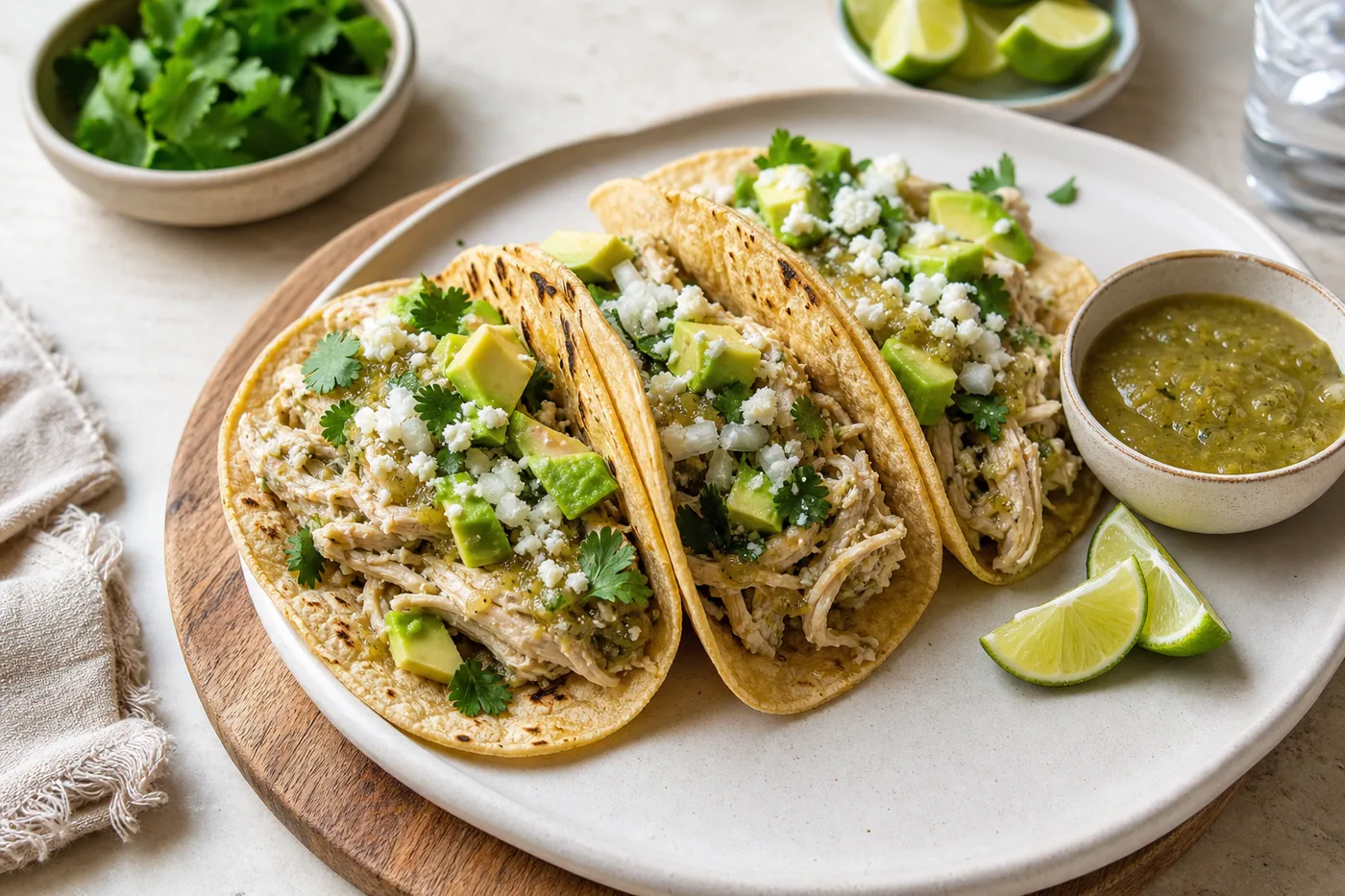 Slow Cooker Salsa Verde Chicken Tacos served and ready to eat