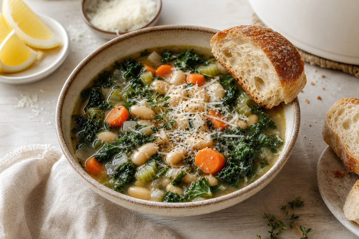 Slow Cooker White Bean and Kale Soup served and ready to eat