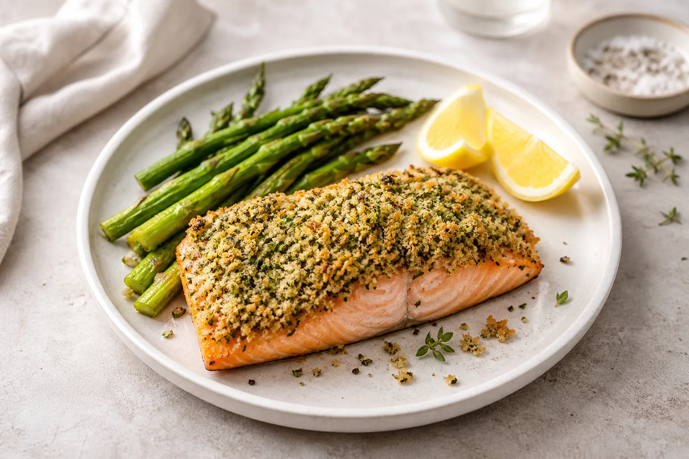 Toaster Oven Herb-Crumb Baked Salmon served and ready to eat