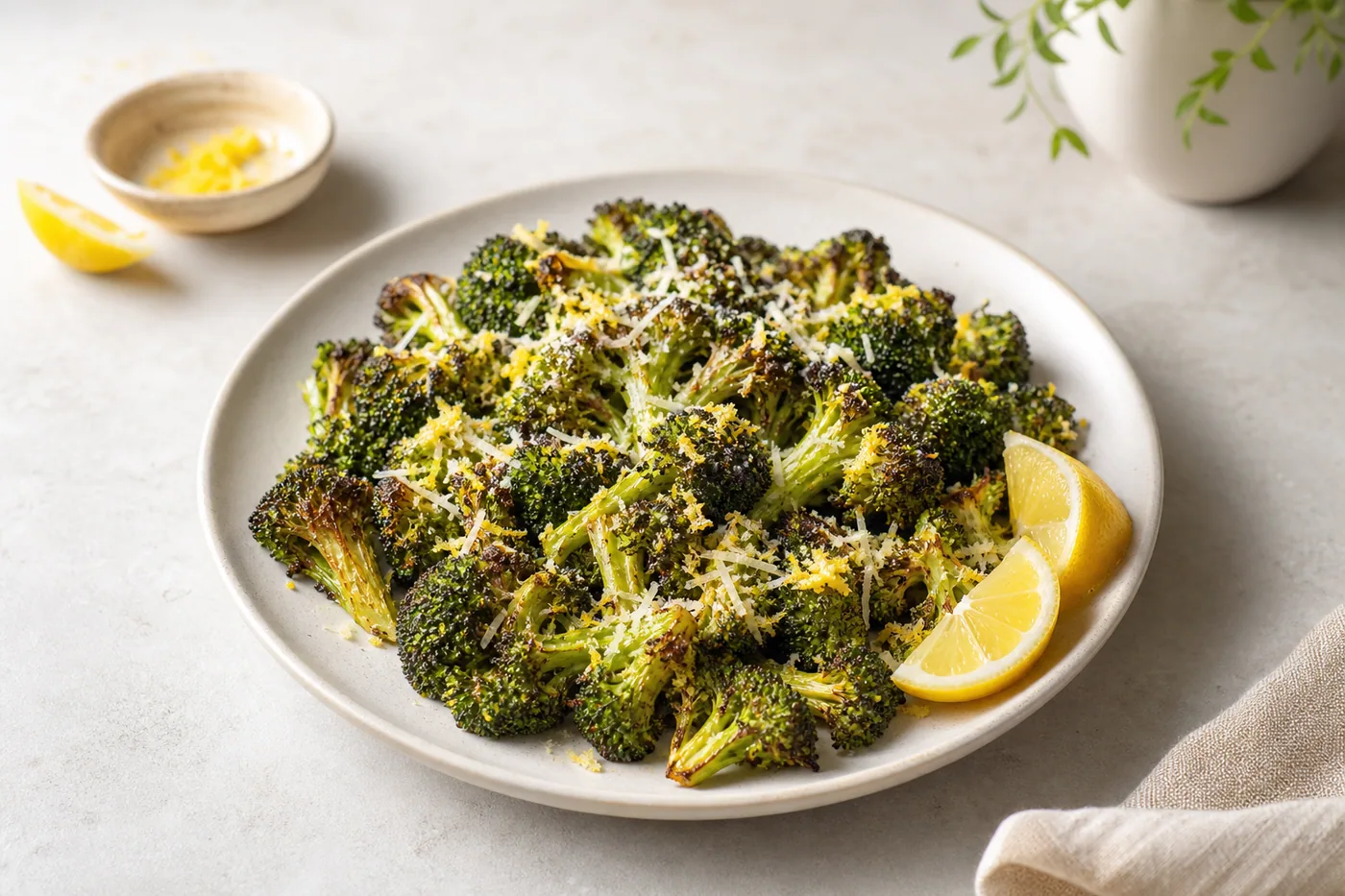 Toaster Oven Lemon-Parmesan Roasted Broccoli served and ready to eat