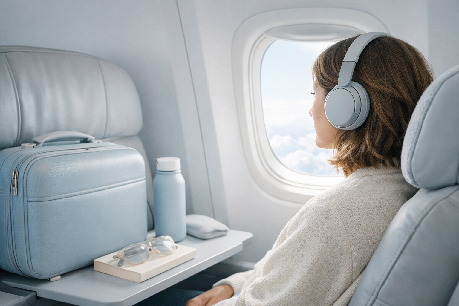 A traveler wearing over-ear headphones by an airplane window