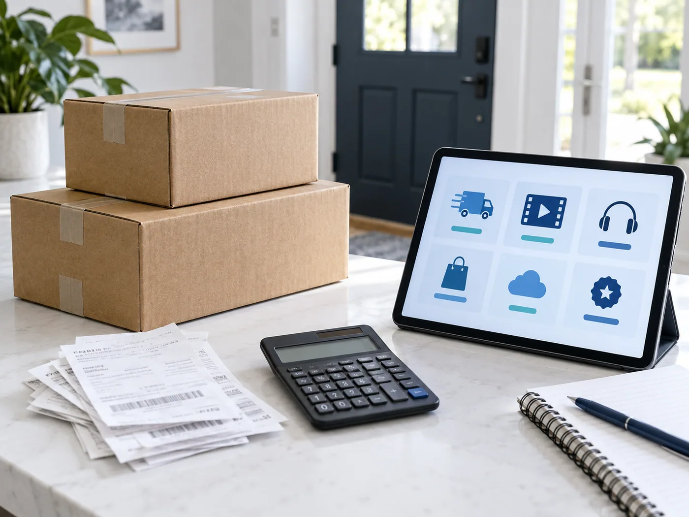 Delivery boxes, receipts, a calculator, and a tablet used to compare membership benefits