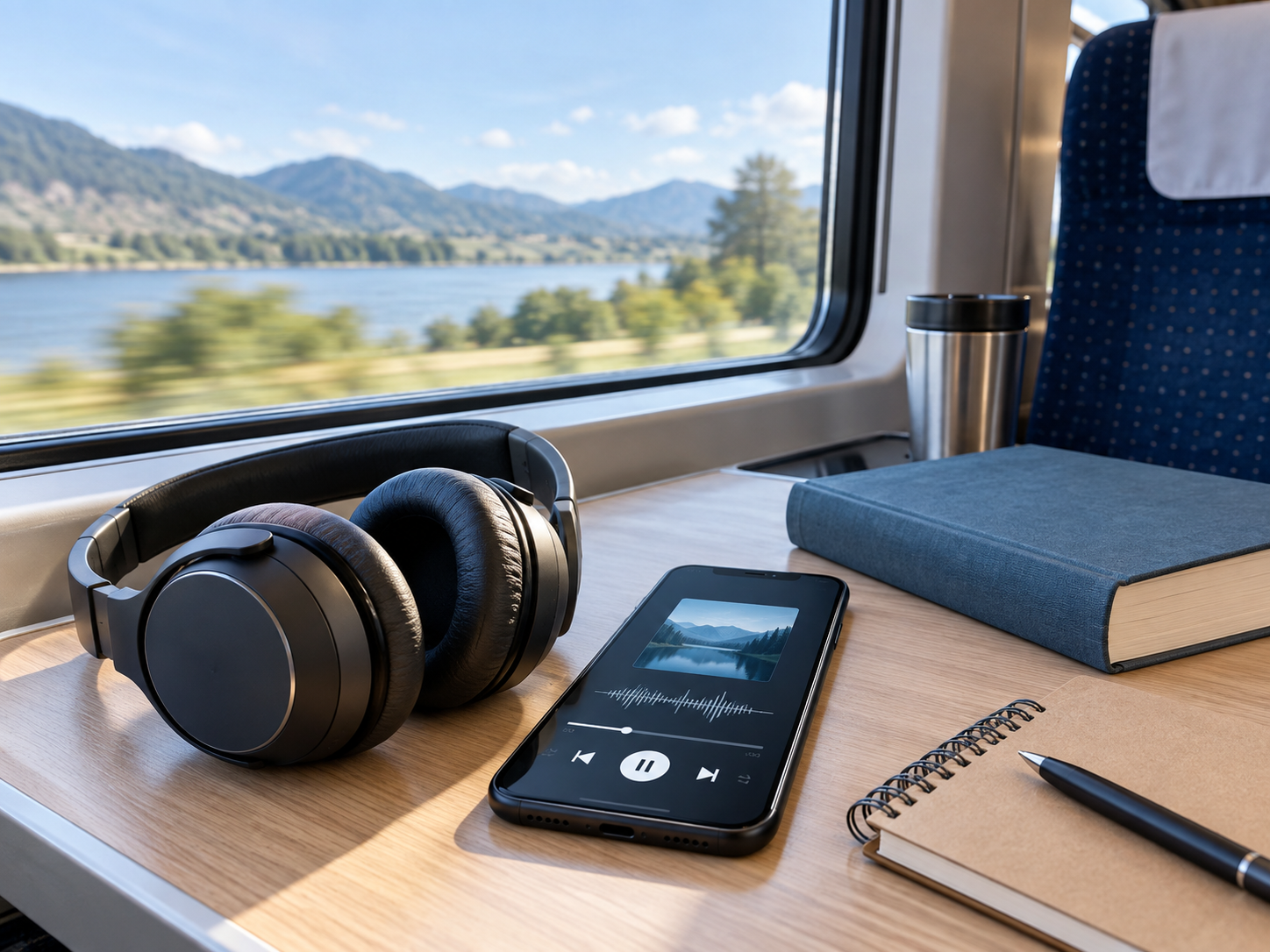 Headphones, a phone playing an audiobook, and a hardcover book on a train table