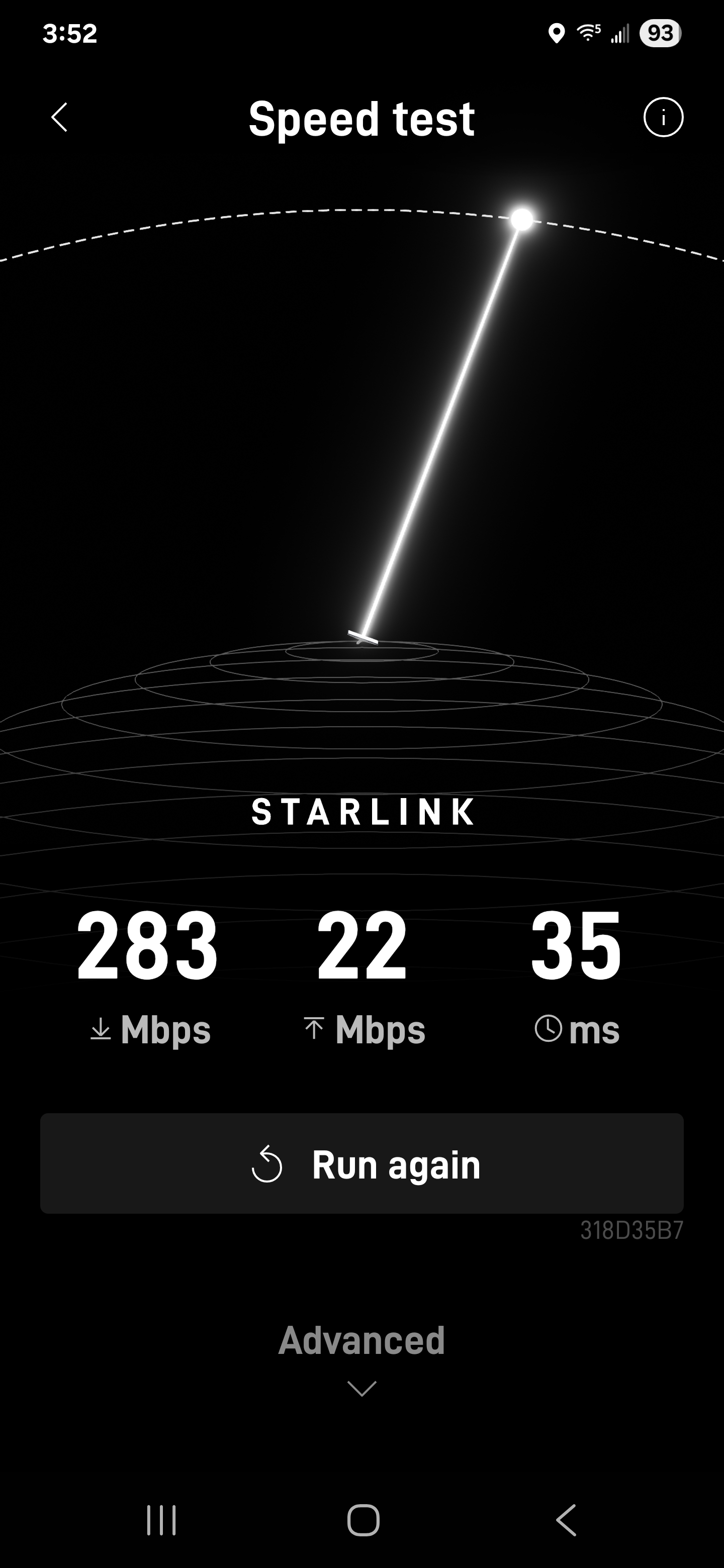Earlier saved result: 283 Mbps down, 22 Mbps up, 35 ms.