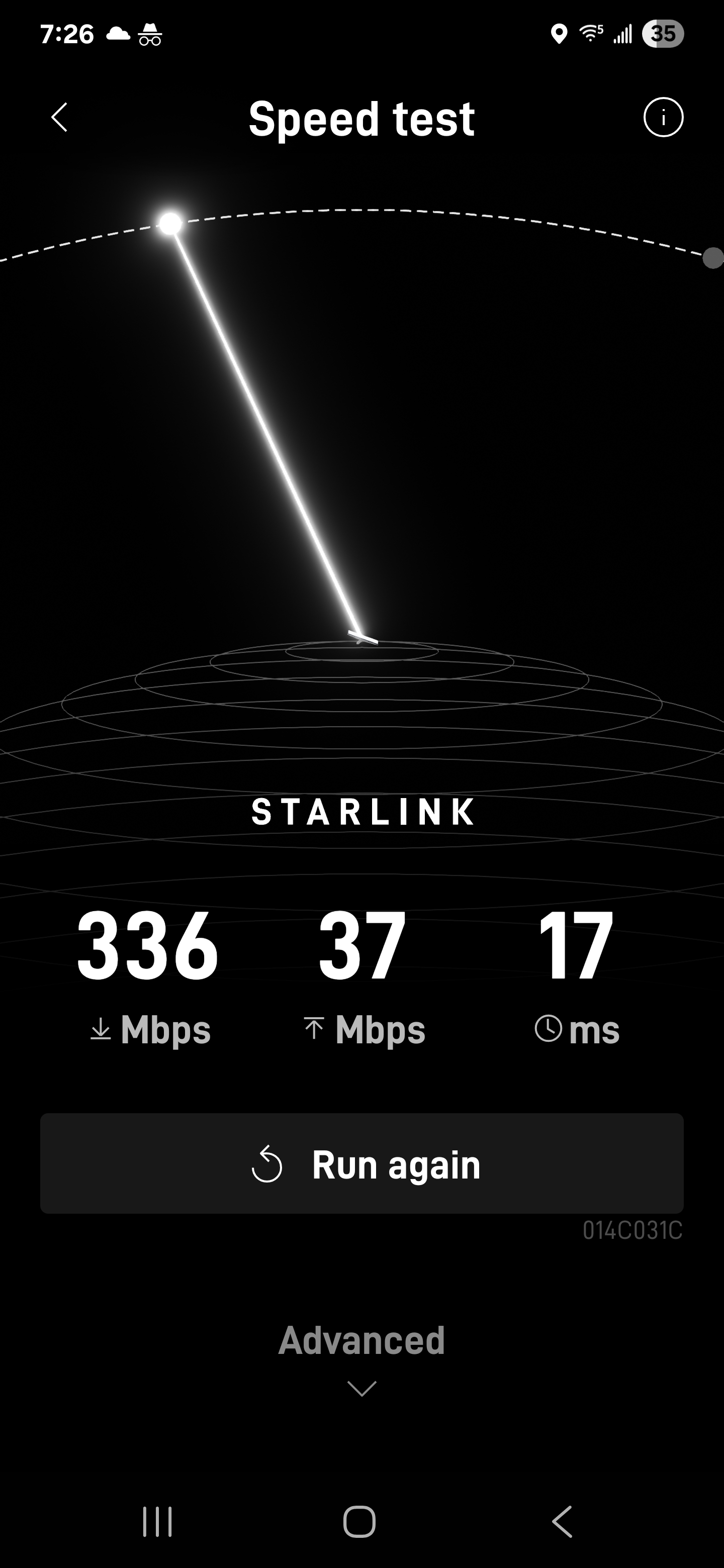 Earlier saved result: 336 Mbps down, 37 Mbps up, 17 ms.